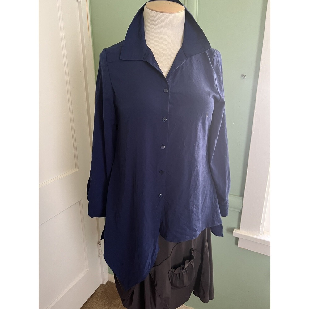 Zoe' by Michael Phillips Elegant Asymmetrical Navy Blue Long Sleeved Blouse Med